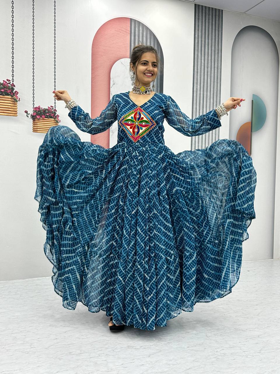 Beautiful Gamthi Work Bandhni Gown Collection.