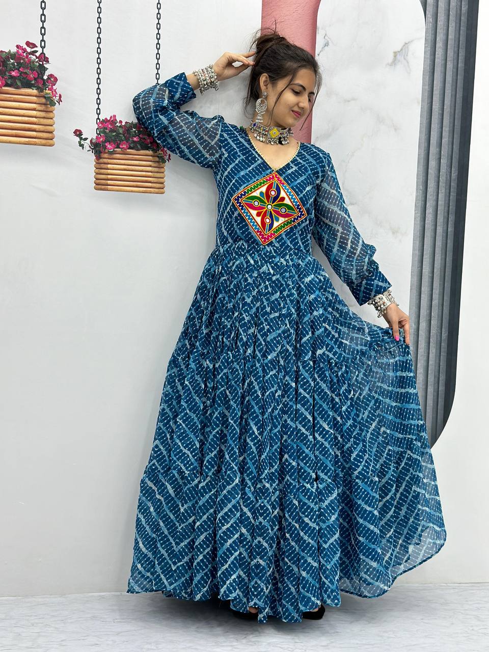 Beautiful Gamthi Work Bandhni Gown Collection.