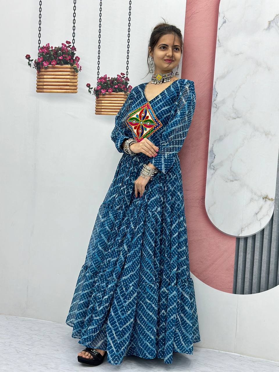 Beautiful Gamthi Work Bandhni Gown Collection.