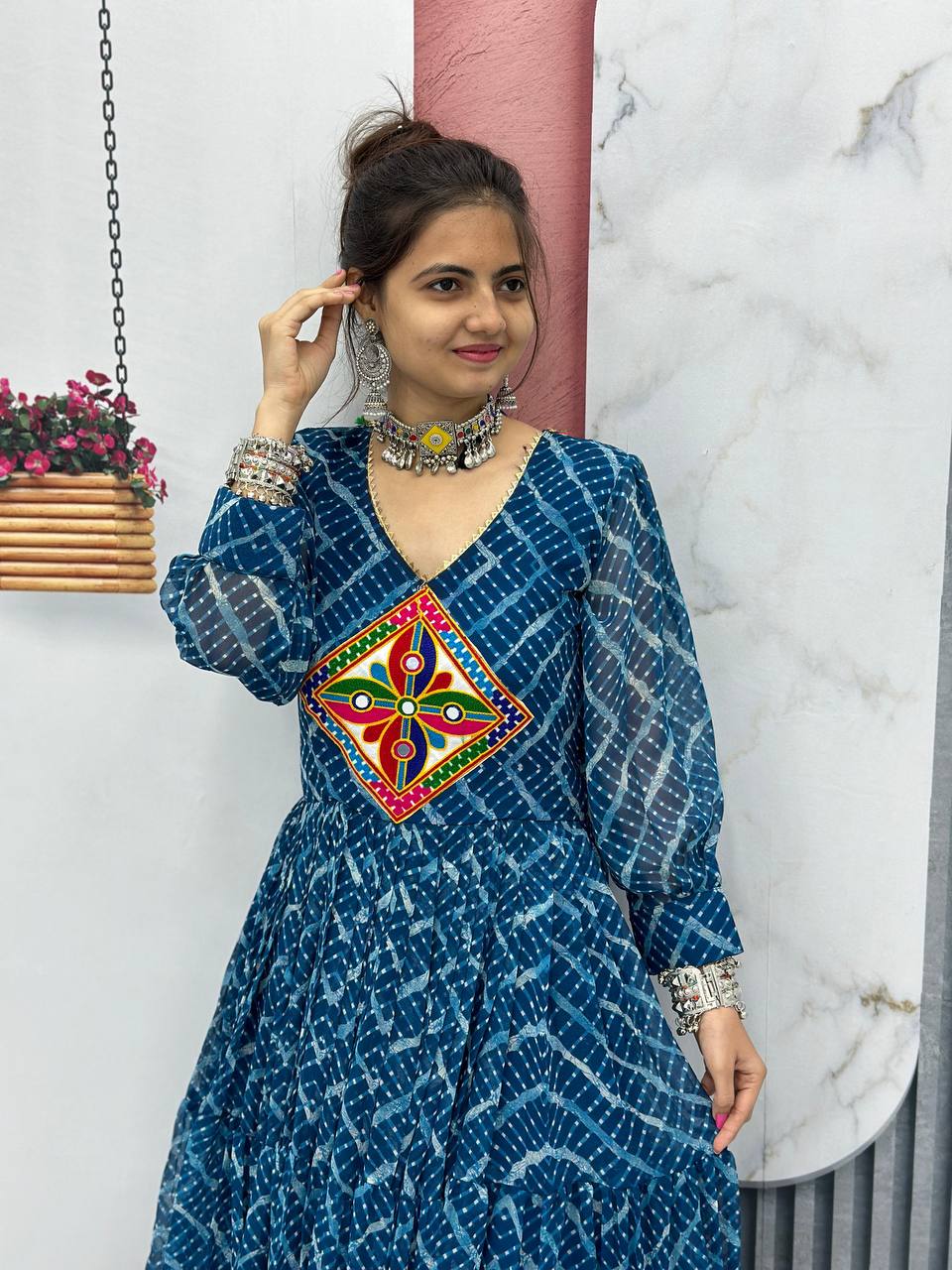 Beautiful Gamthi Work Bandhni Gown Collection.