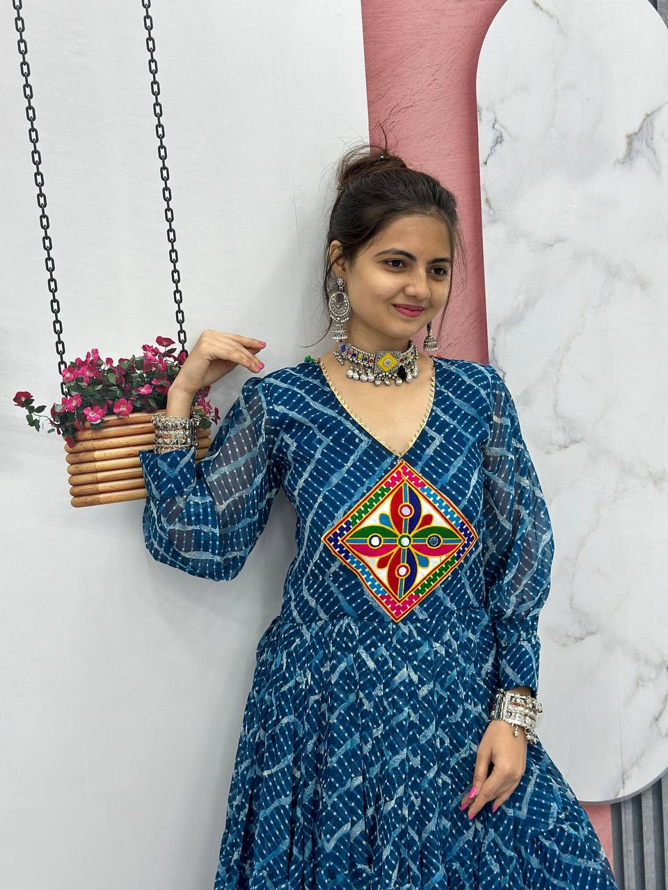 Beautiful Gamthi Work Bandhni Gown Collection.