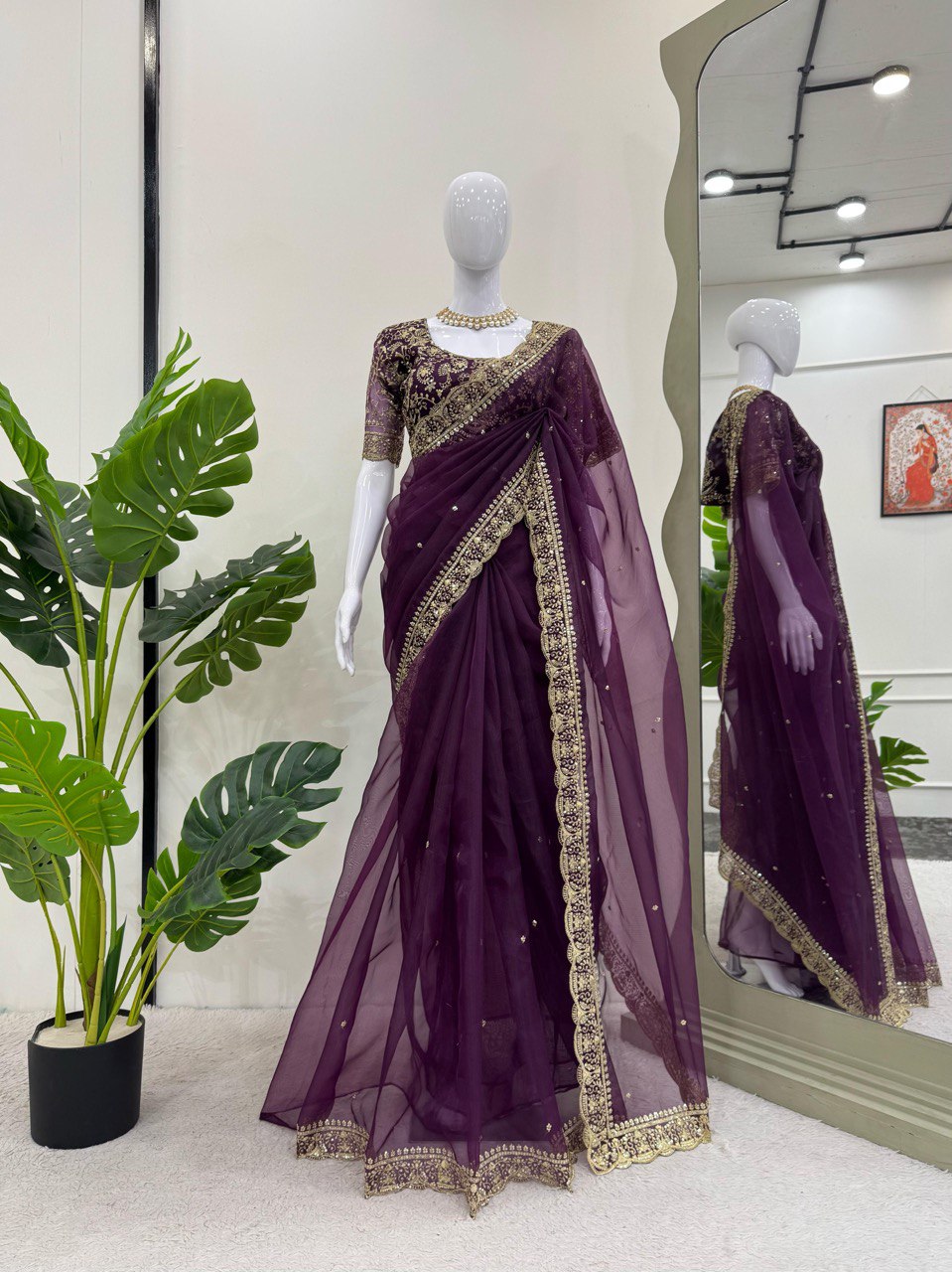 Beautiful Designer Purple Organza Silk Saree Collection.