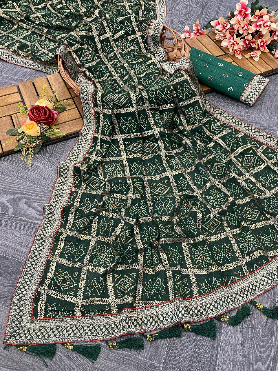 Pretty Green Jaipuri Bandhni Saree Collection.