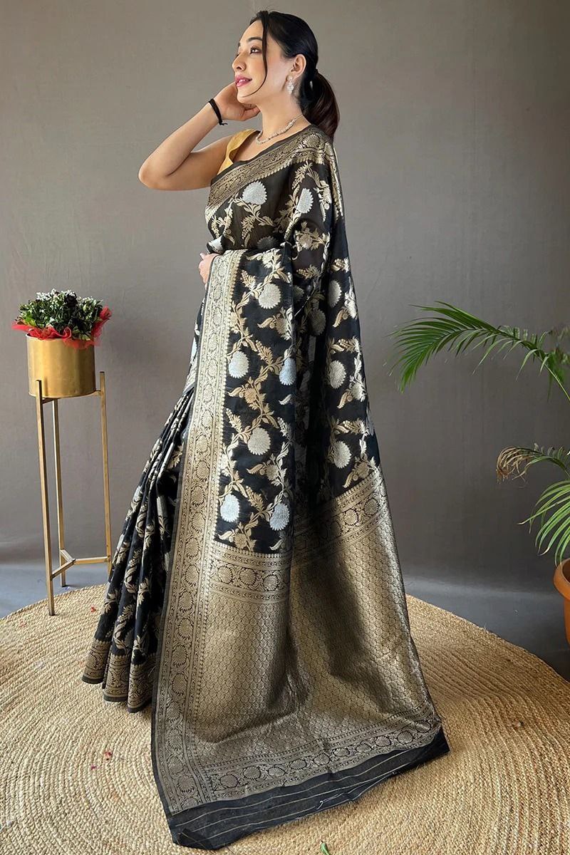 Latest Premium Soft Lichi Silk Black Saree.