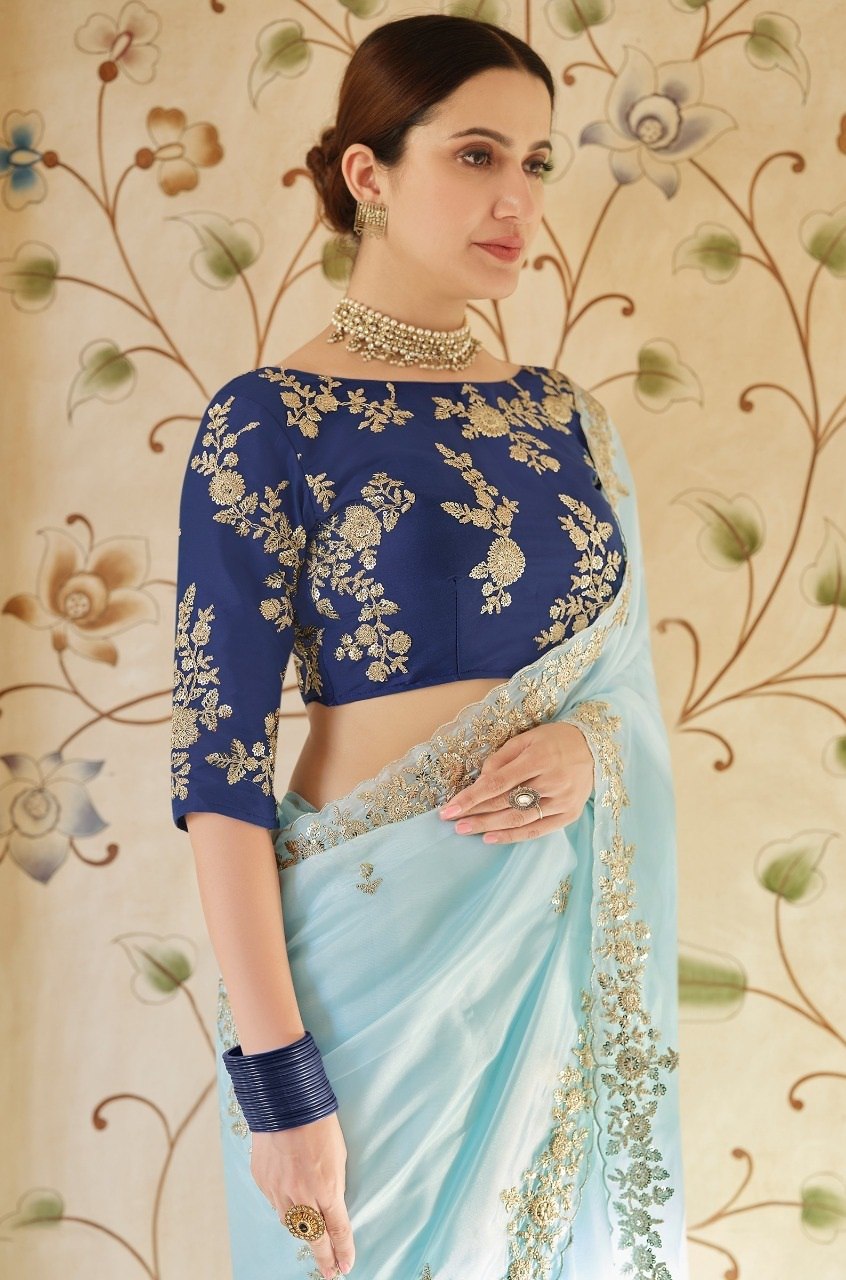 Party Wear Special Premium Soft Georgette Sky Color Saree.