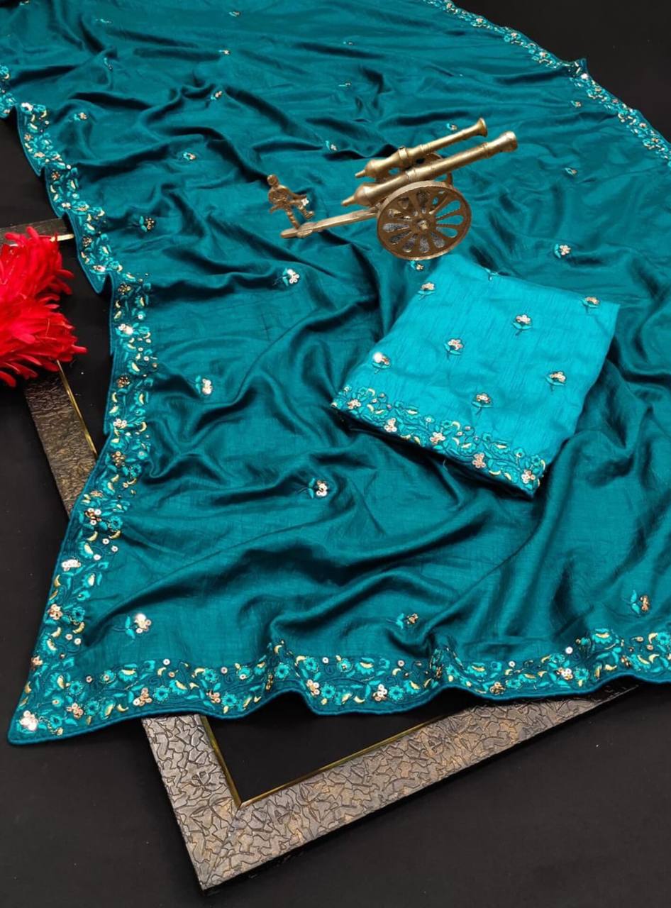 Wedding Wear Special Vichitra Silk Embroidery Thread Work Saree.