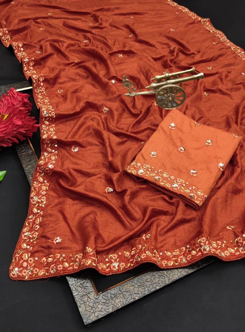 Amazing Pretty Look Orange Colour Vichitra Silk saree.