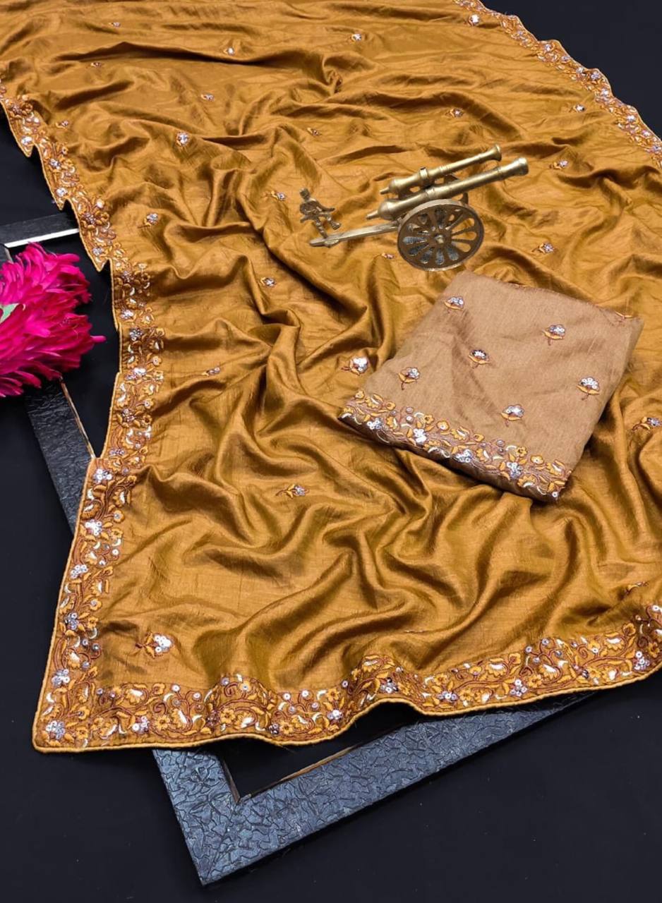 Pretty Premium Vichitra Silk Beautiful Mustard saree.