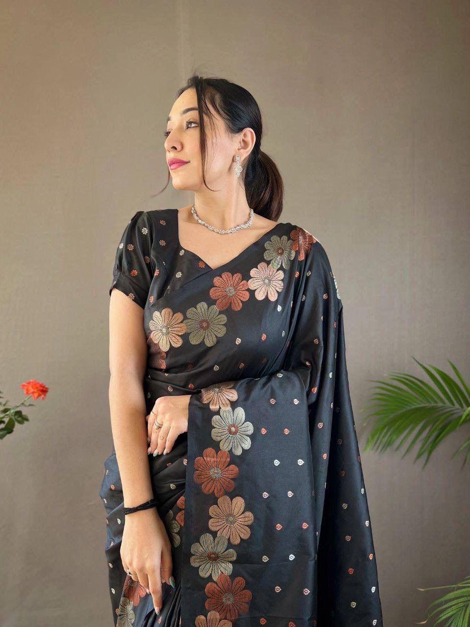 Party Wear Special Black Soft Banarasi Silk Saree Collection.