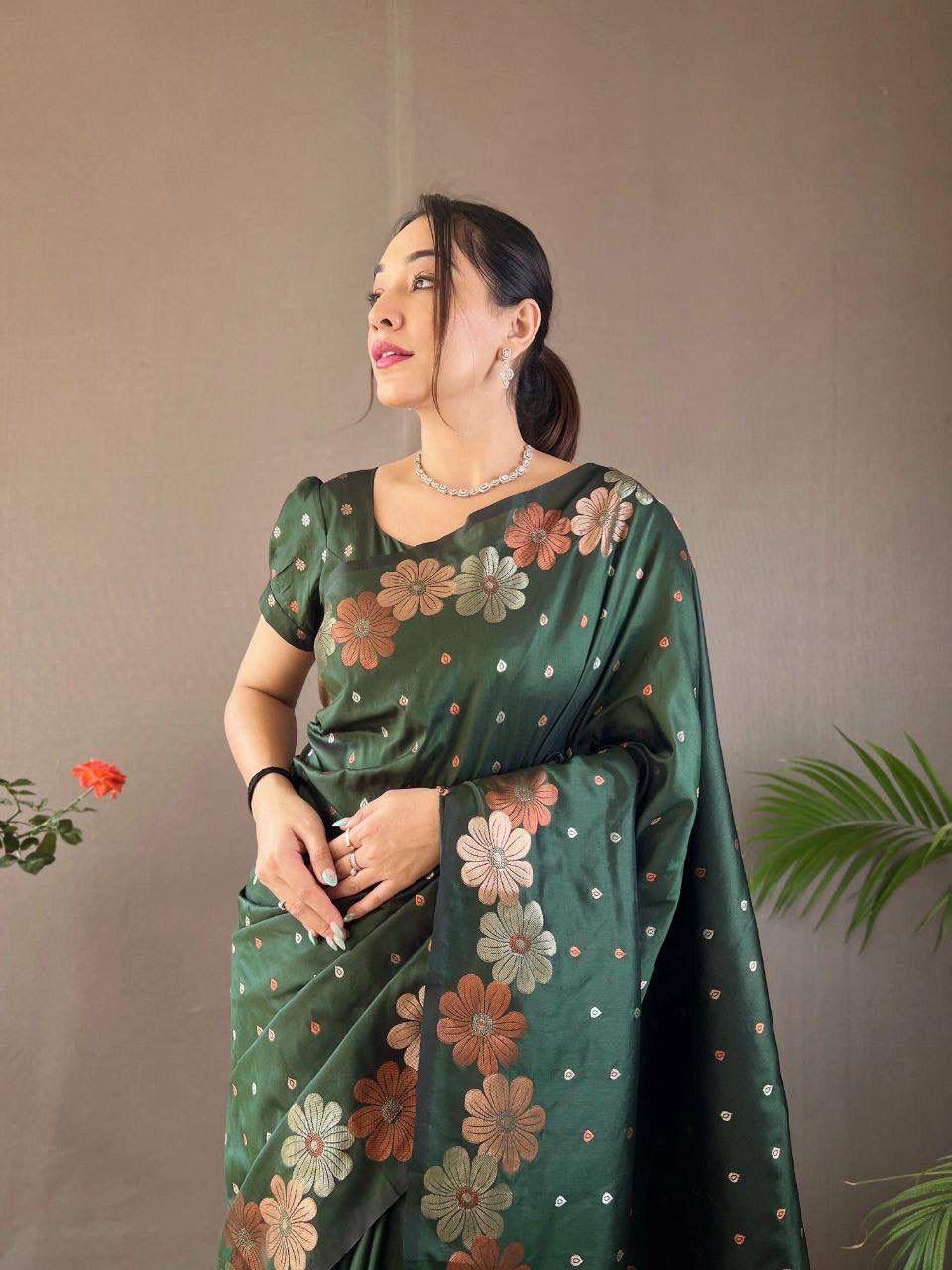 Preety Green Soft Banarasi Silk Weddings Function Special Saree Collection.