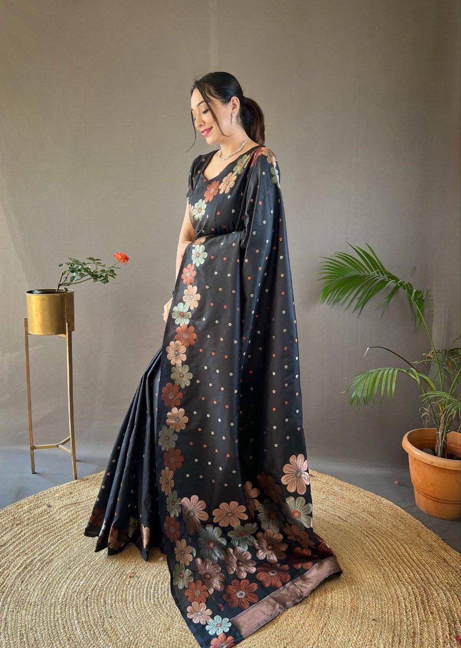 Party Wear Special Black Soft Banarasi Silk Saree Collection.