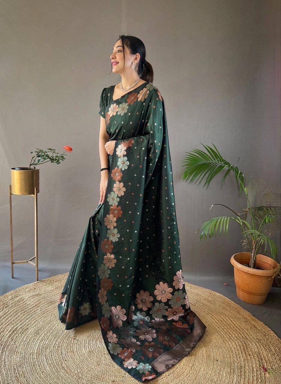 Preety Green Soft Banarasi Silk Weddings Function Special Saree Collection.