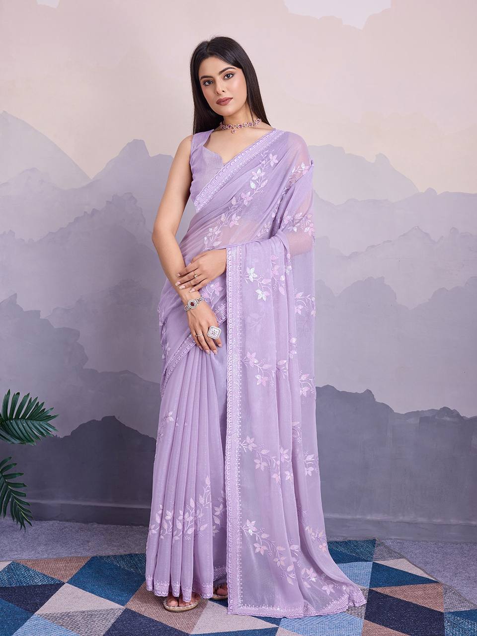 Pretty Lavender Shimmer Chiffon Saree Collection.