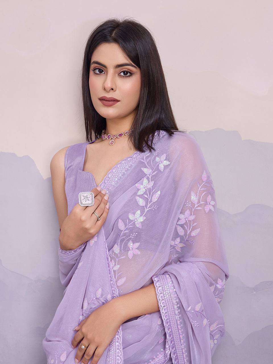 Pretty Lavender Shimmer Chiffon Saree Collection.