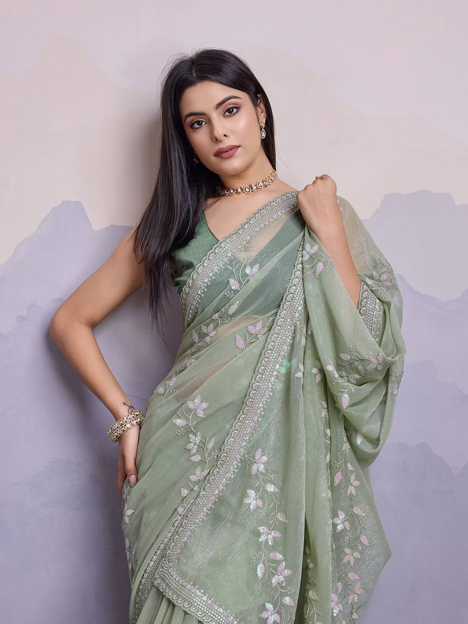 Beautiful Wedding Function Special Designer Soft Shimmer Chiffon Saree Collection.