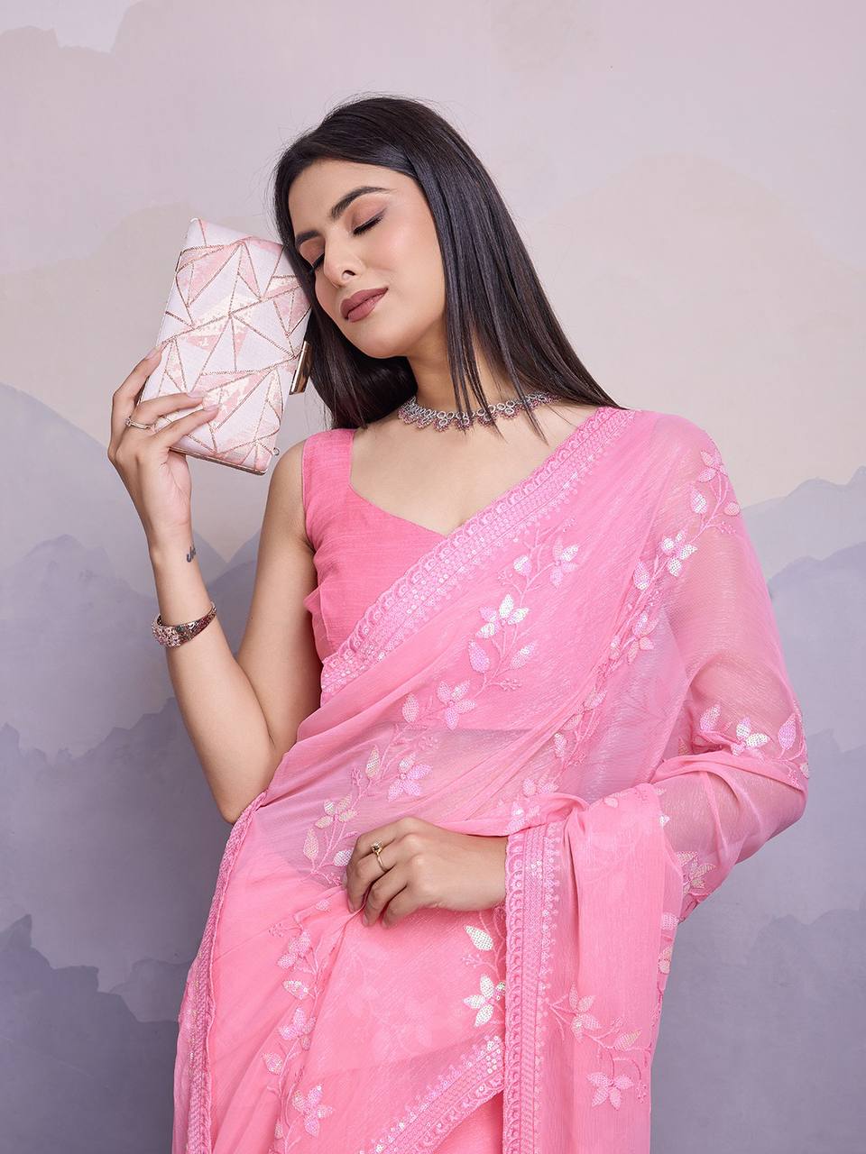 Peach Pink Embroidery Sequence Work Shimmer Chiffon Saree Collection.