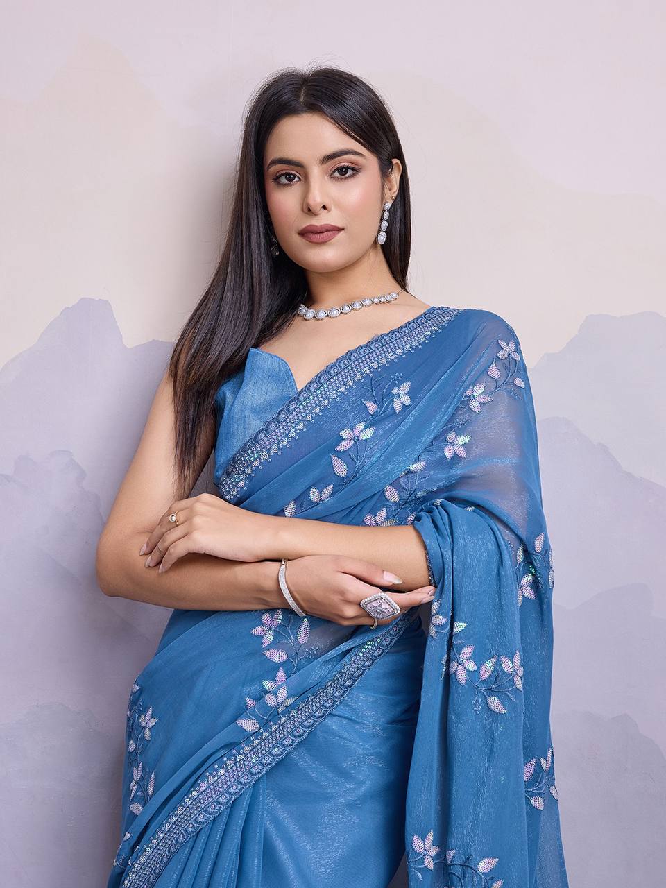 Party Wear Shimmer Chiffon Blue Saree Collection.