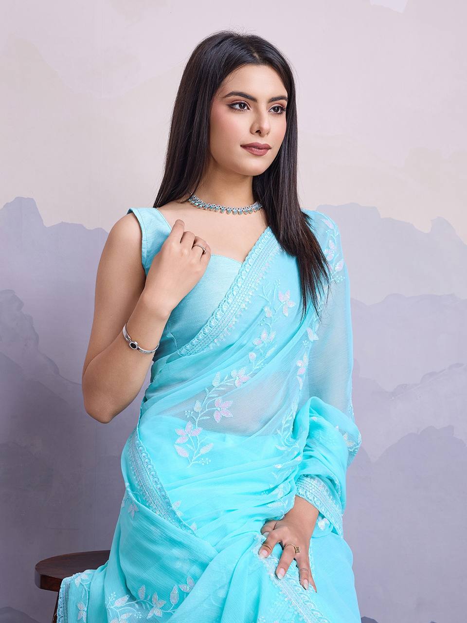 Bright Sky Blue Shimmer Chiffon Saree Collection.
