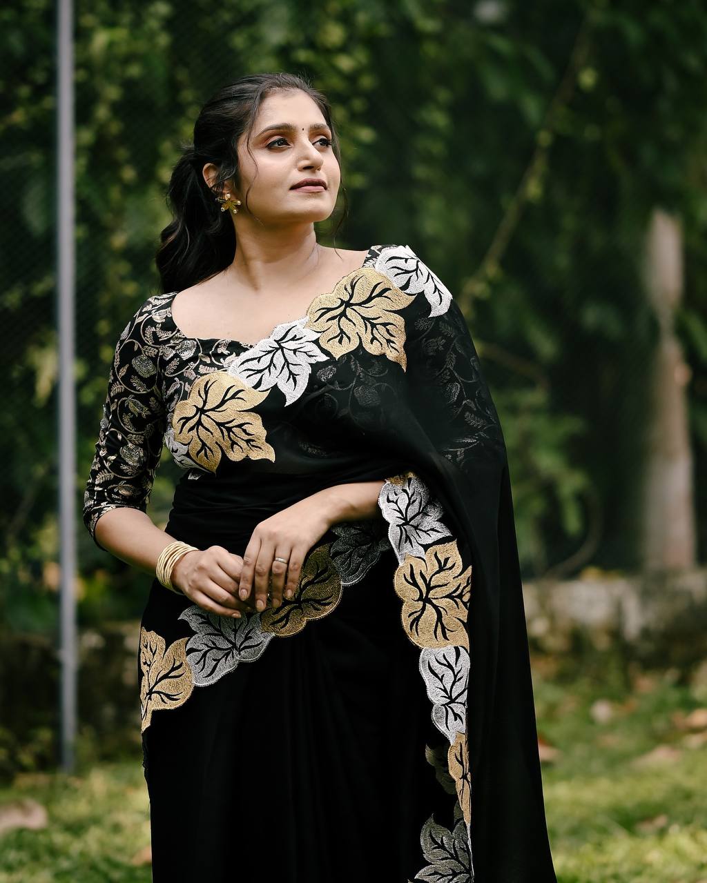 Perfact Designer Black Sartin Chiffon Silk Saree Collection.