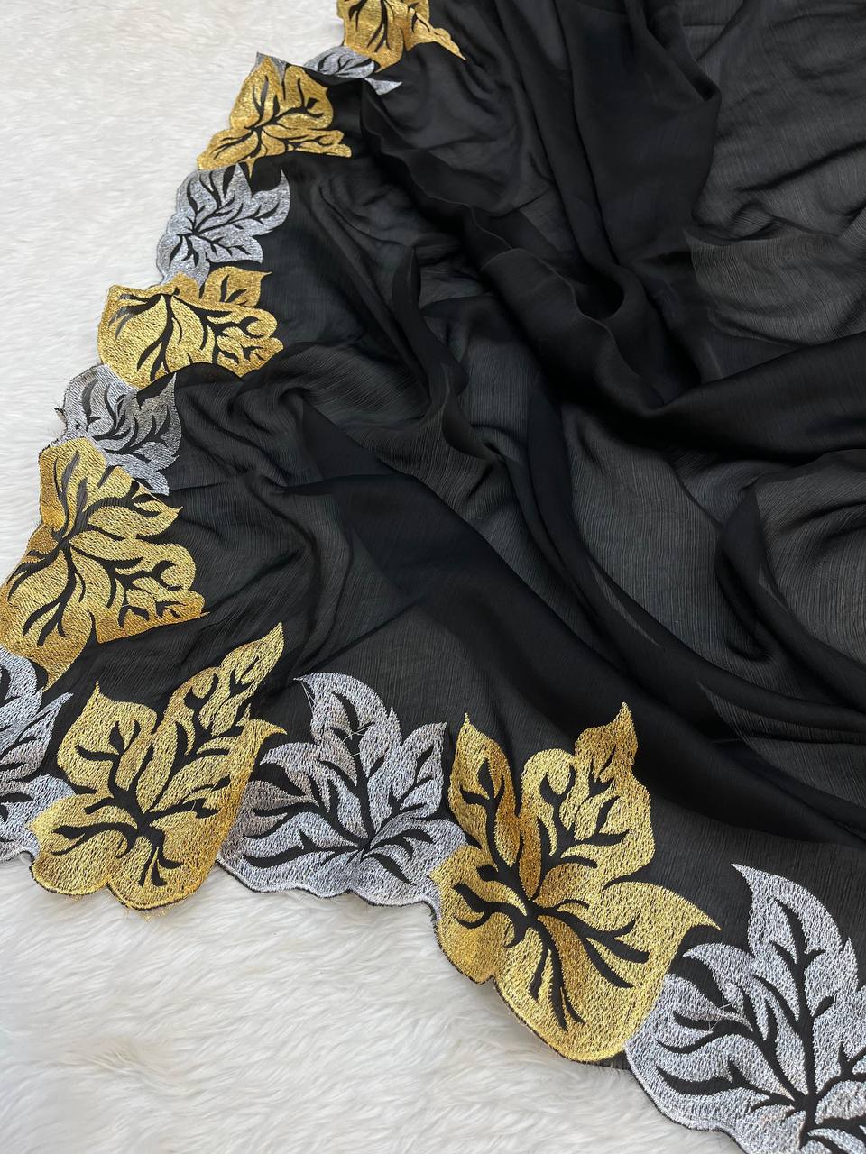 Perfact Designer Black Sartin Chiffon Silk Saree Collection.