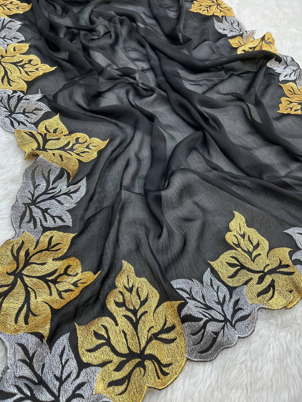 Perfact Designer Black Sartin Chiffon Silk Saree Collection.