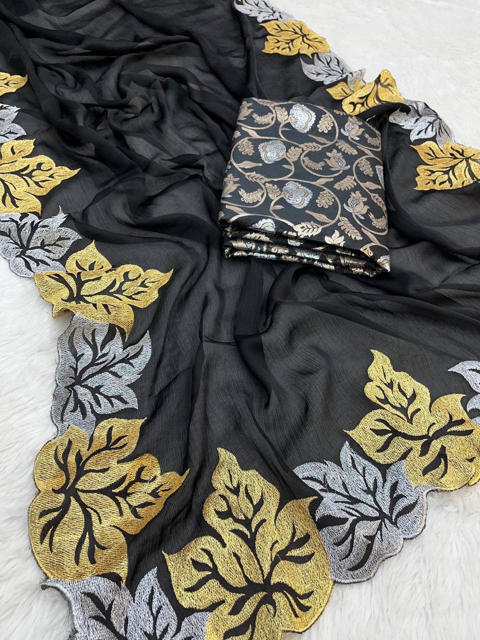 Perfact Designer Black Sartin Chiffon Silk Saree Collection.