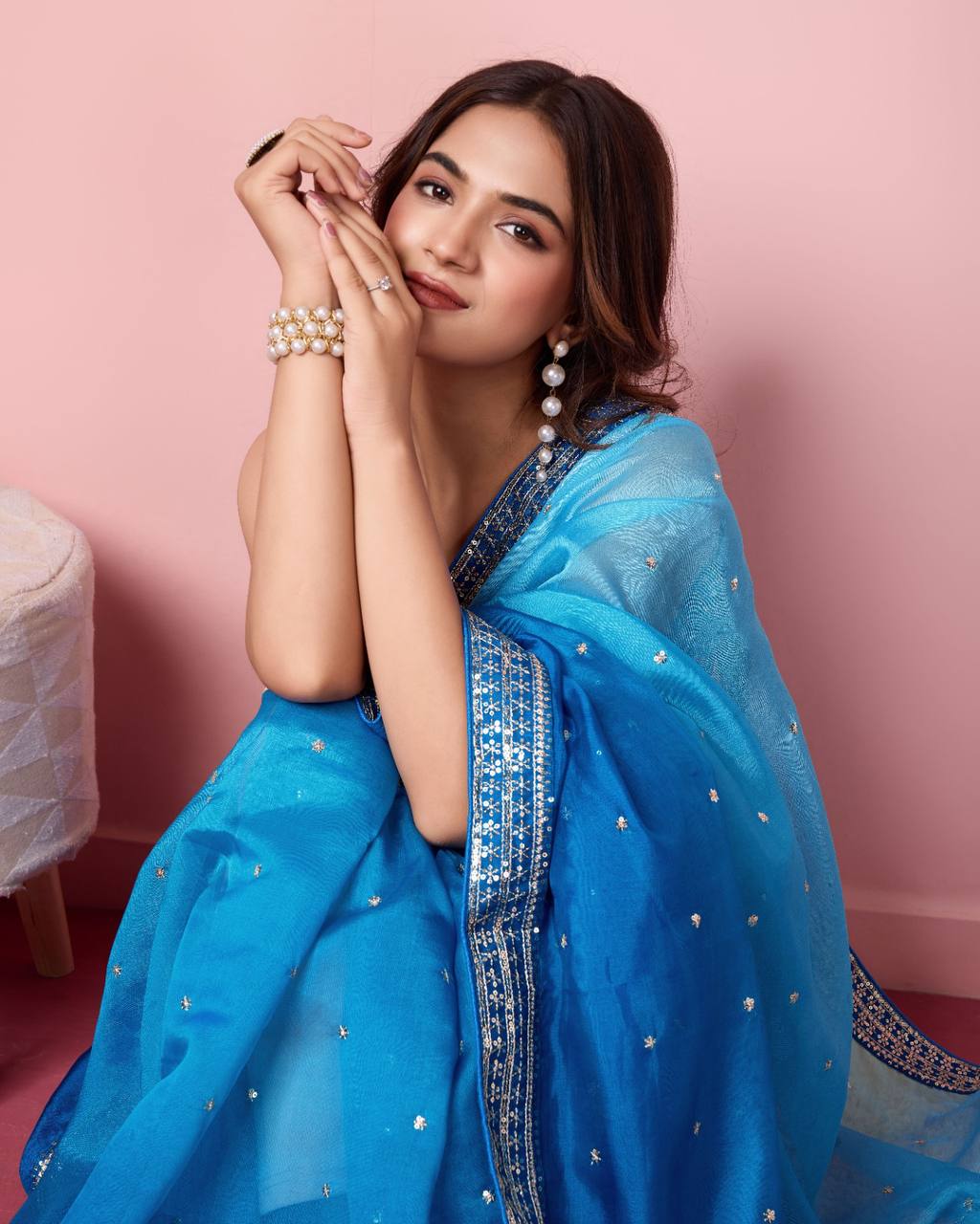 Light Dark Sky Blue Shades Pretty Sequence Butti Work Organza Silk Saree.