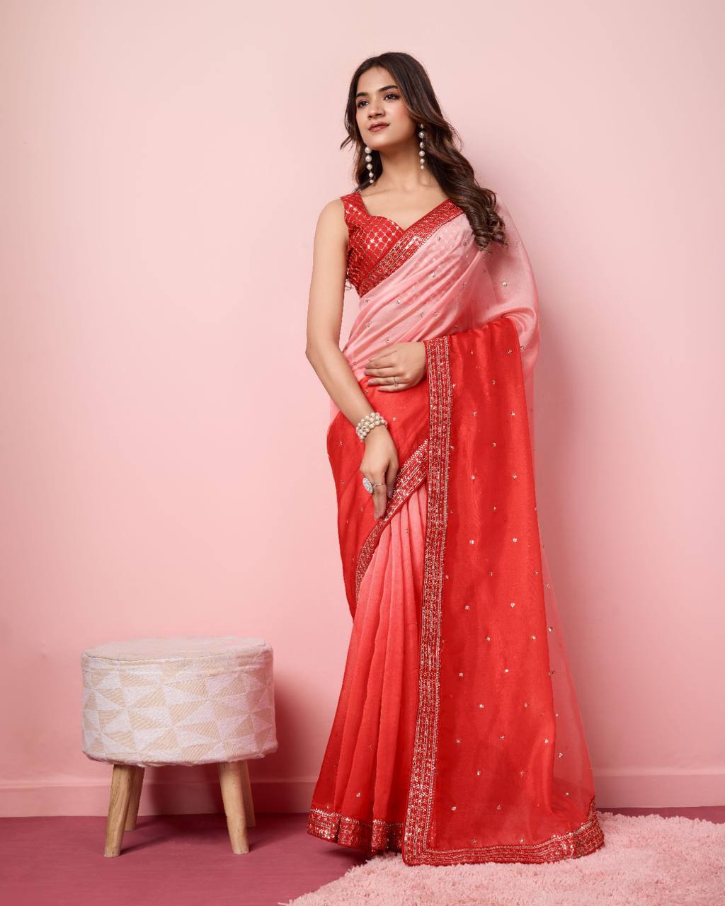 Occasion Wear Special Red Light Dark Shades Sequence Butti Work organza Silk Saree.