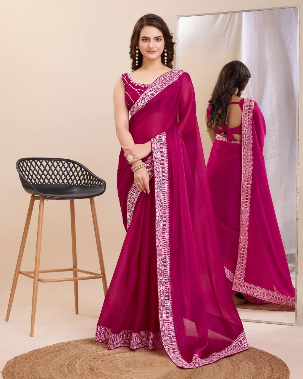 Elegant Premium Soft Zimmy Chu Riceptions Wear Special Rani Color Saree.