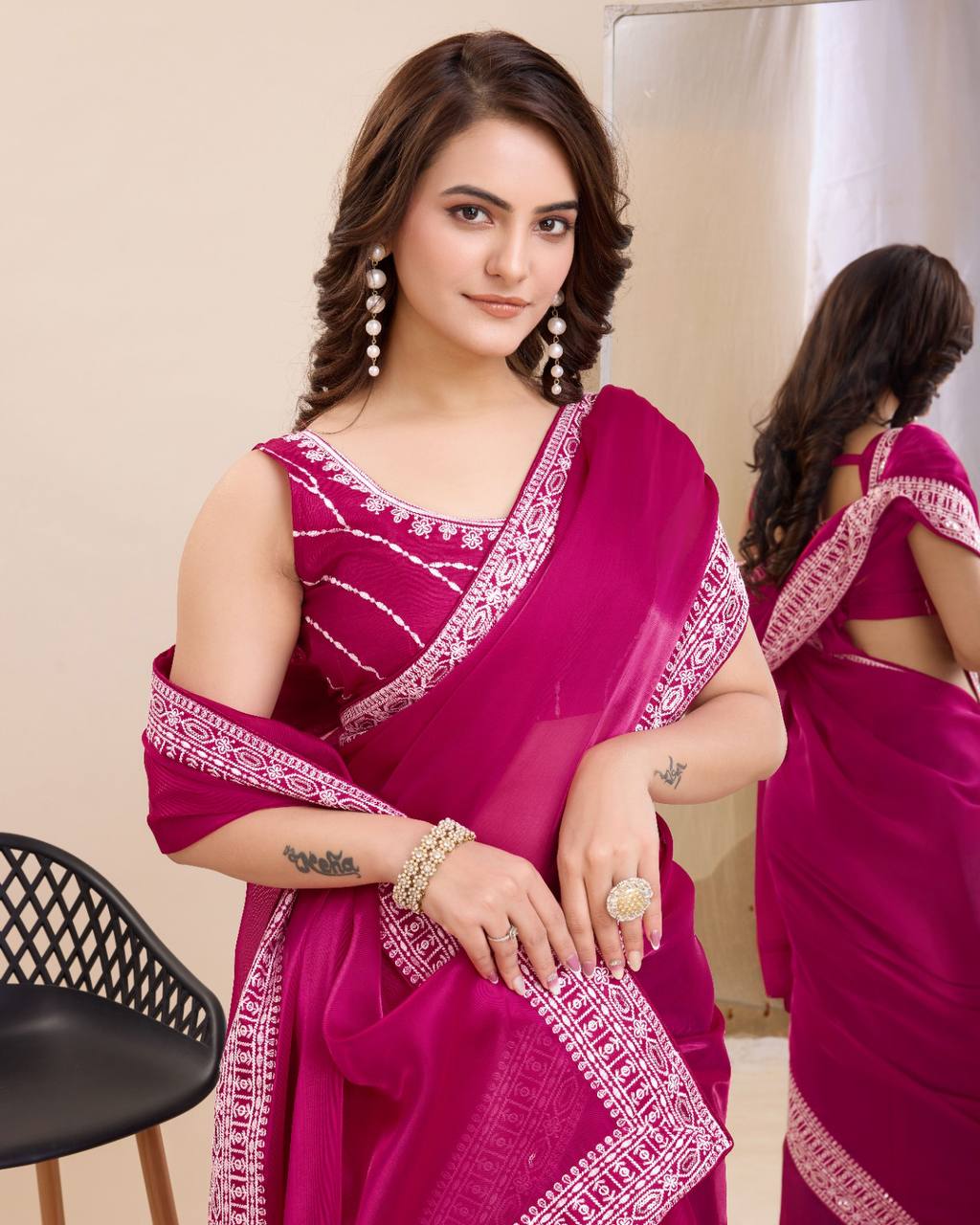 Elegant Premium Soft Zimmy Chu Riceptions Wear Special Rani Color Saree.