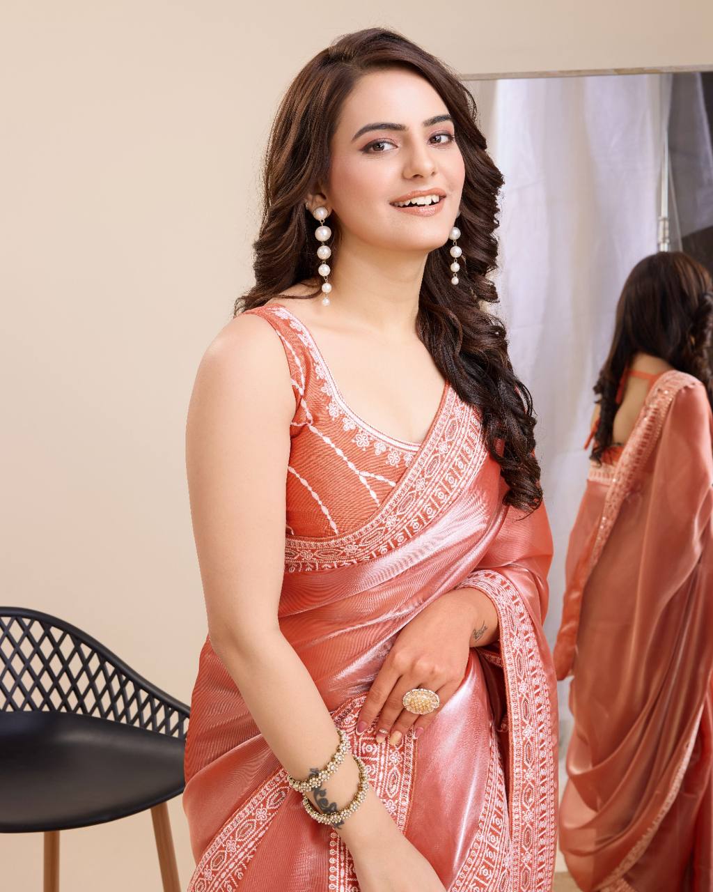Preety Premium Soft Zimmy Chu Party Wear Peach Color Saree.