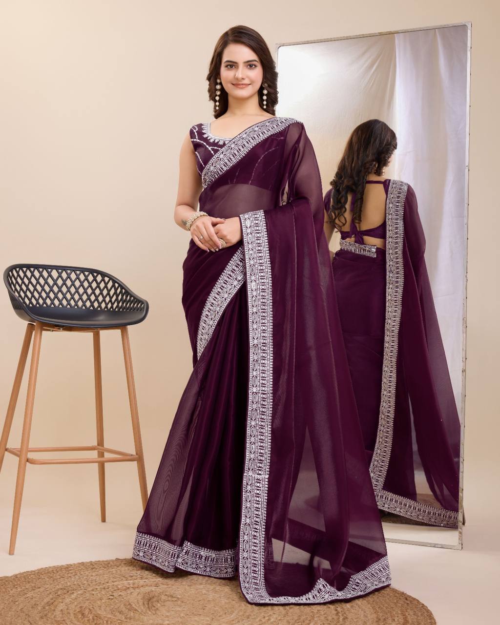 Premium Soft Zimmy Chu Wine Color Saree.