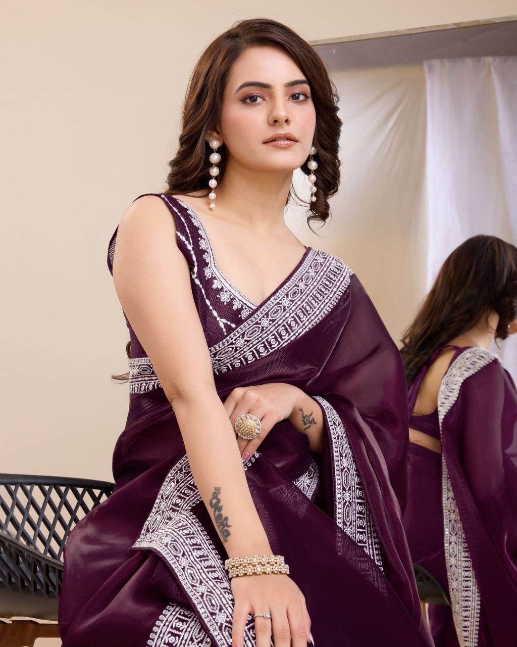 Premium Soft Zimmy Chu Wine Color Saree.