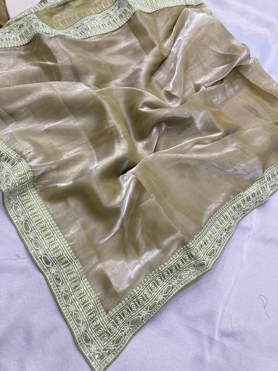 Heavy Premium Soft Zimmy Chu Riceptions Wear Special Pista Color Saree.