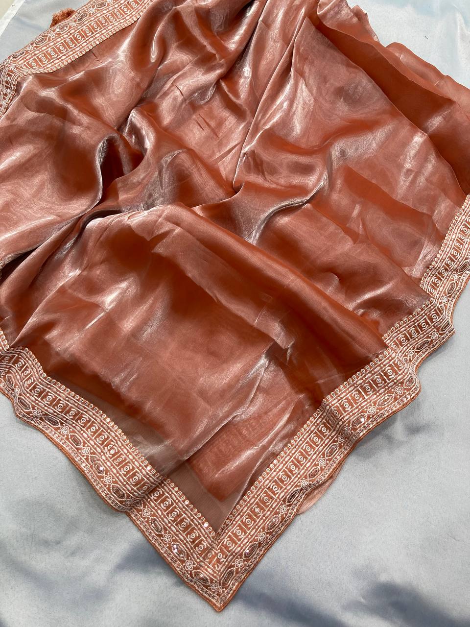 Preety Premium Soft Zimmy Chu Party Wear Peach Color Saree.