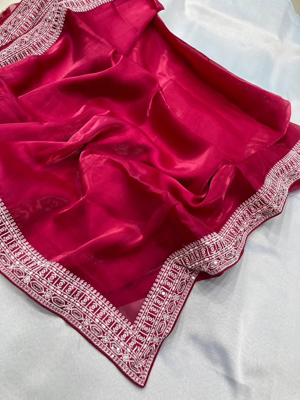 Elegant Premium Soft Zimmy Chu Riceptions Wear Special Rani Color Saree.