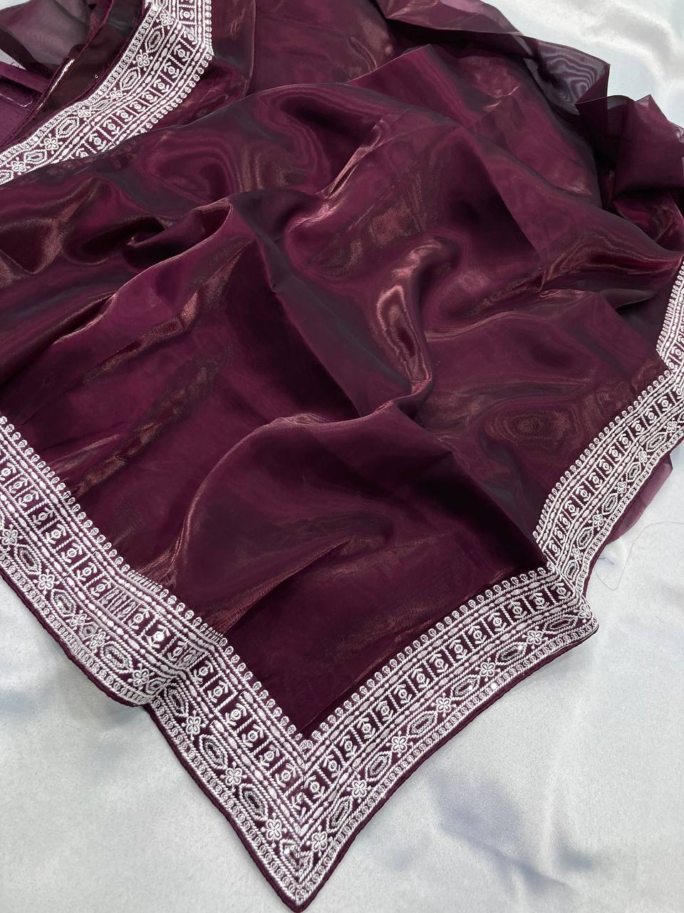 Premium Soft Zimmy Chu Wine Color Saree.