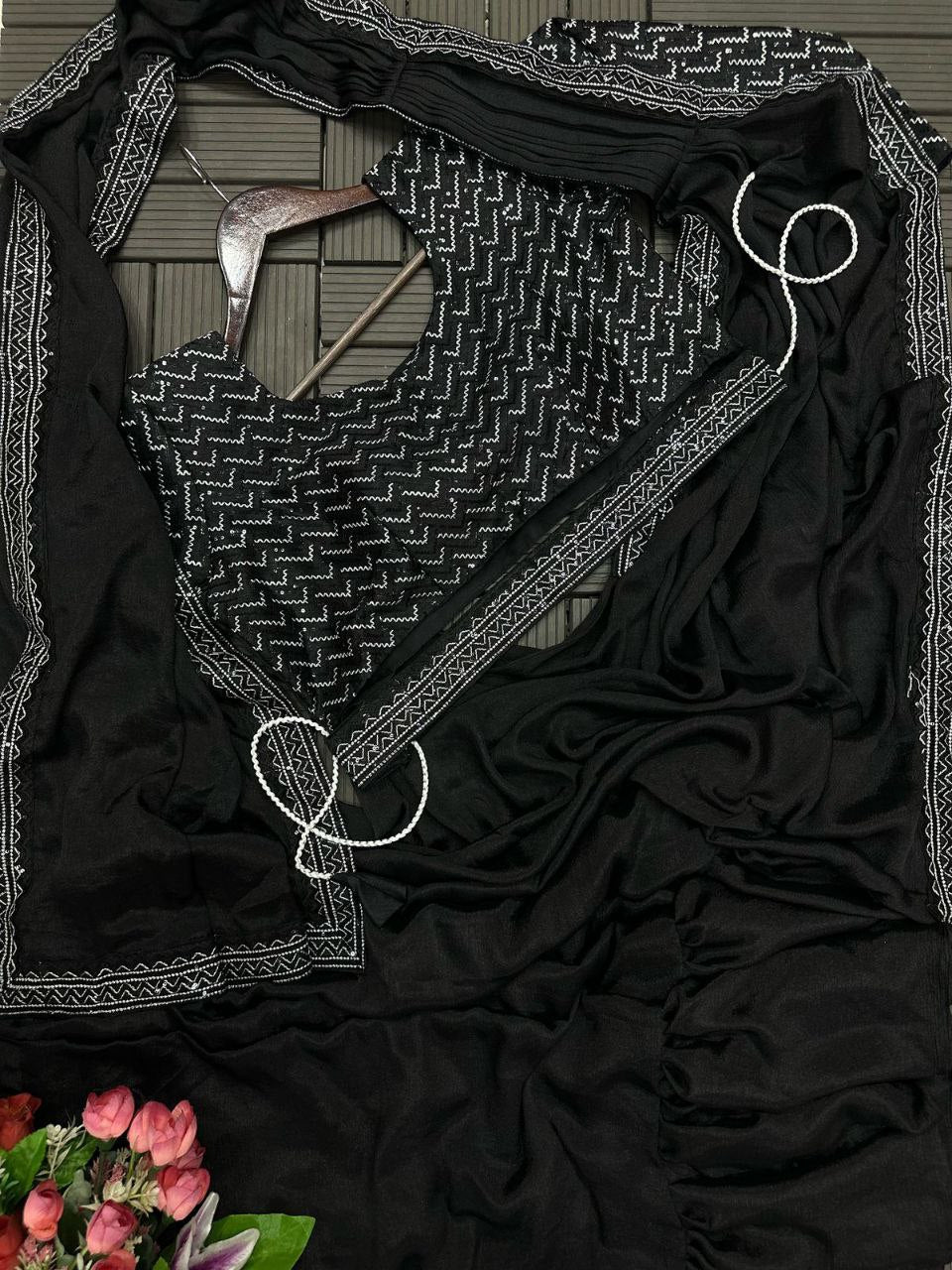 Party Wear Ready To Wear Black Saree.