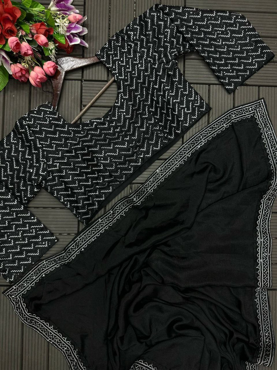 Party Wear Ready To Wear Black Saree.