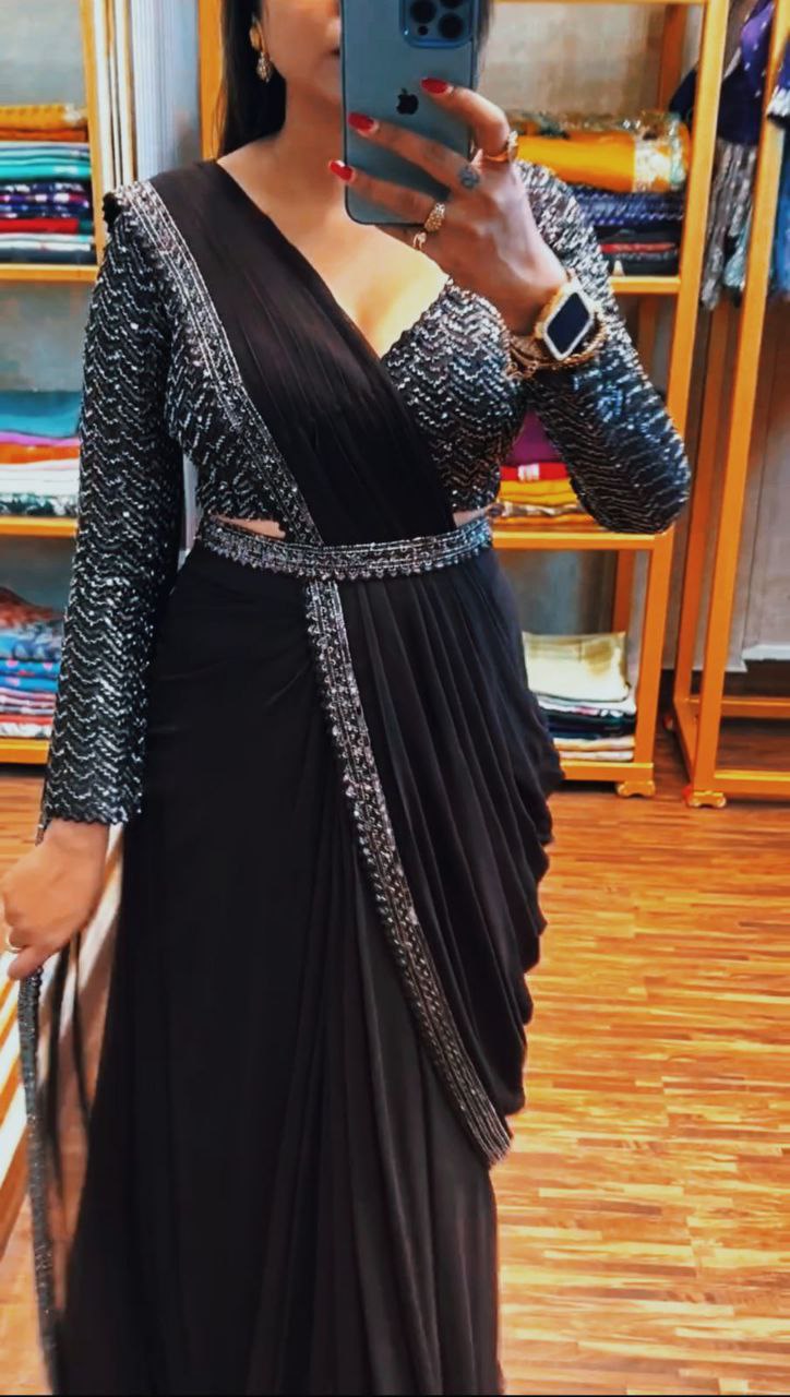 Party Wear Ready To Wear Black Saree.