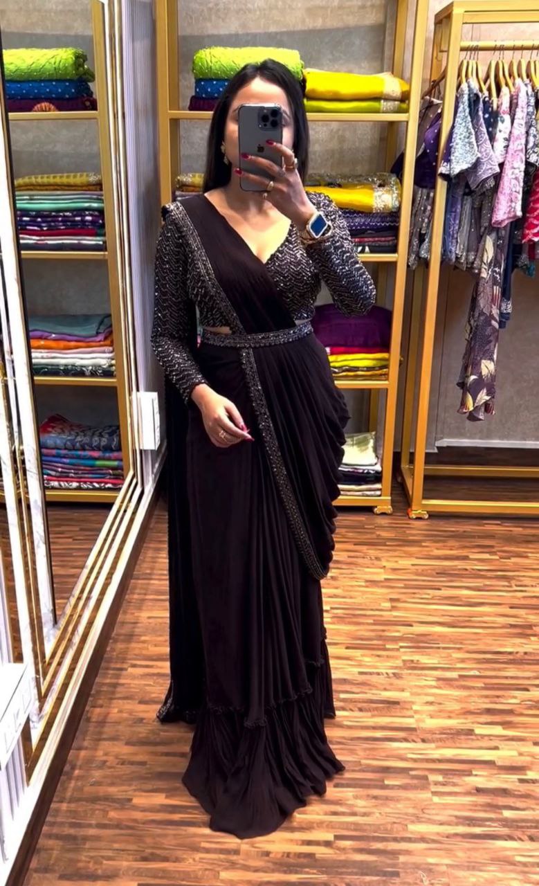 Party Wear Ready To Wear Black Saree.