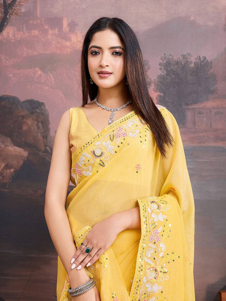 Party Wear Special Crunchy Soft Organza Yellow Saree Collection.