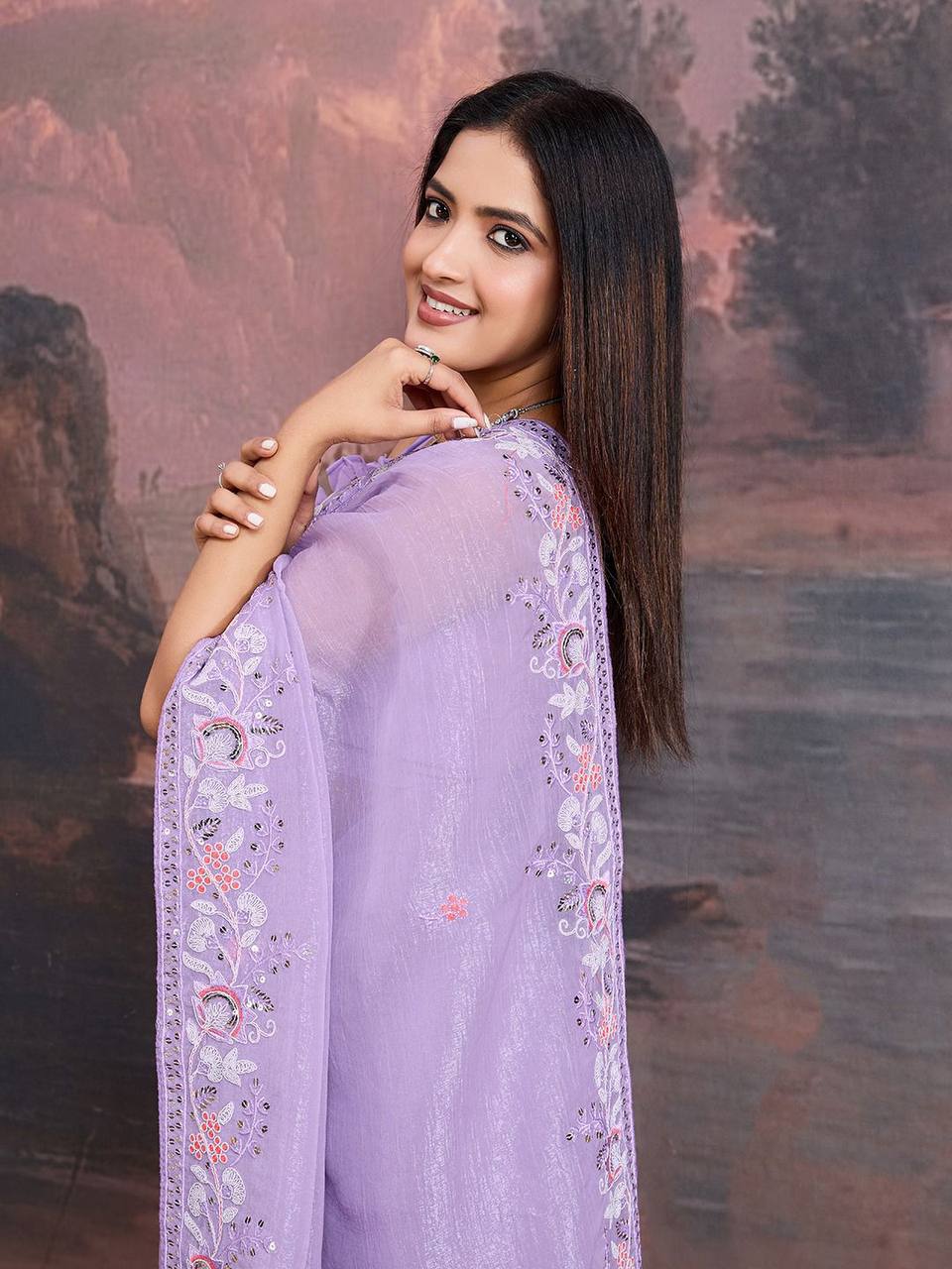 Most Trendy Designer Crunchy Soft Organza Lavender Saree Collection.