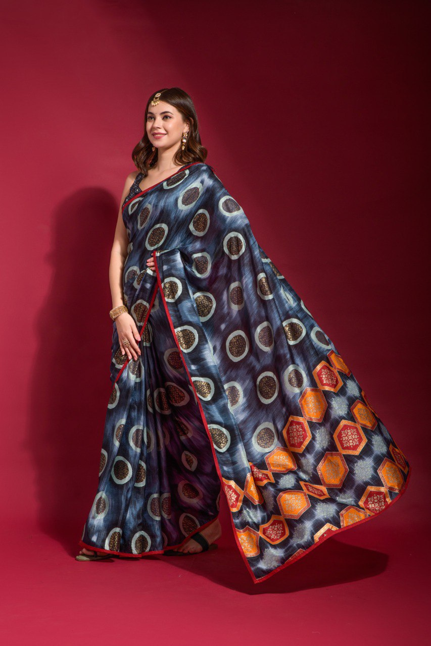 New Party Wear Designer Bandhani Print Georgette Chiffon Black Saree.