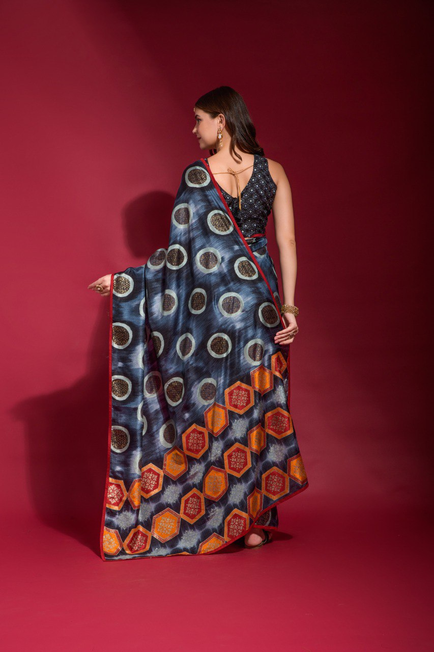 New Party Wear Designer Bandhani Print Georgette Chiffon Black Saree.