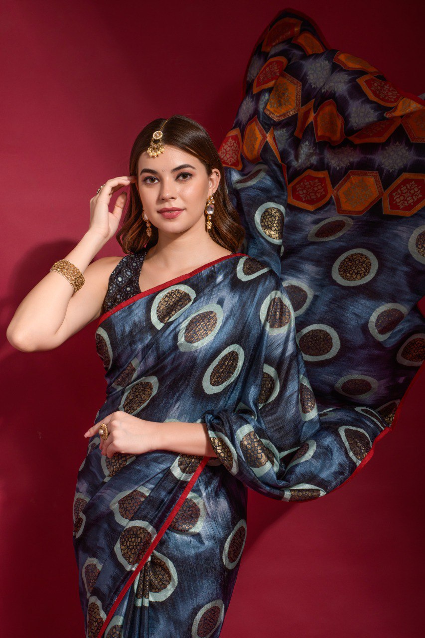New Party Wear Designer Bandhani Print Georgette Chiffon Black Saree.