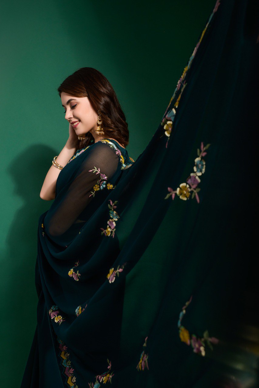 Impressive Look Party Wear Designer Heavy Georgette Saree.