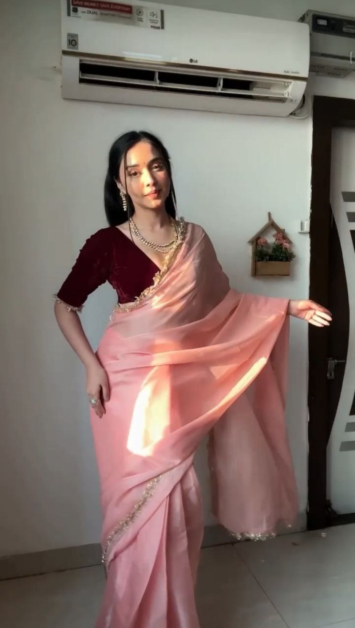 Latest Designer Most Beautiful Peach Color Ready To Wear Saree.
