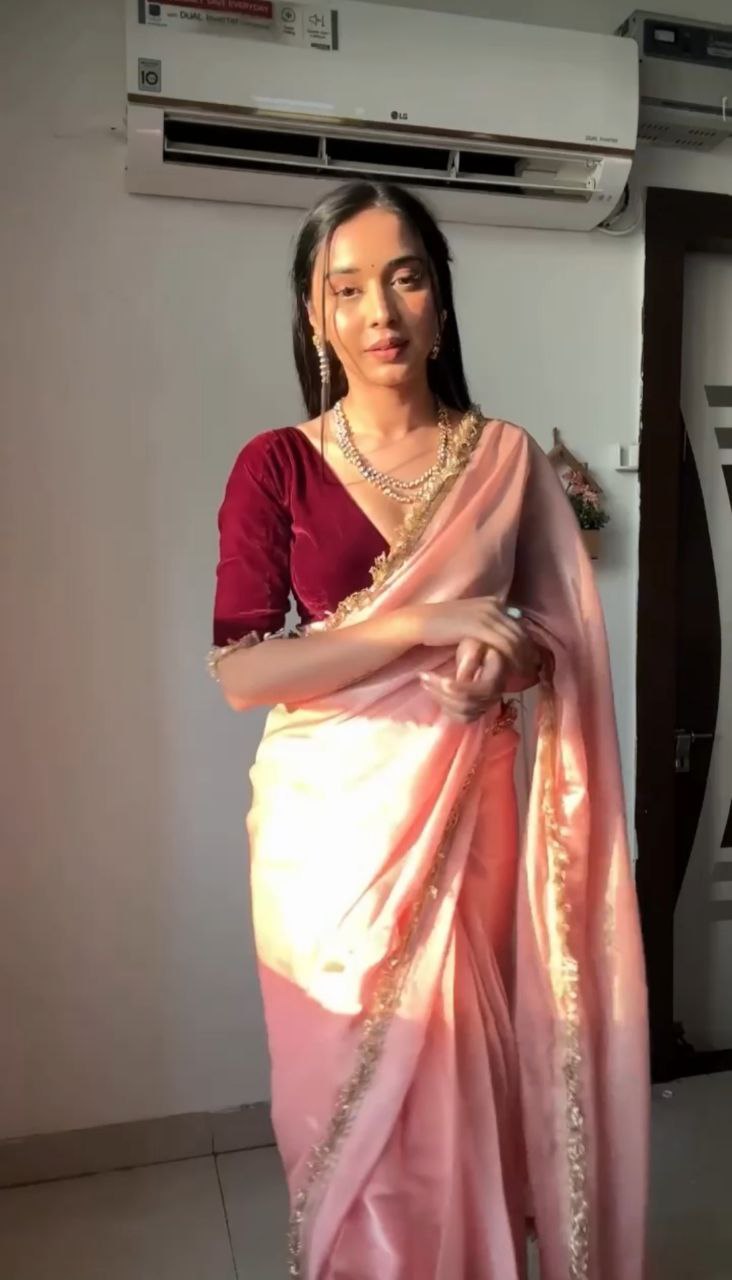 Latest Designer Most Beautiful Peach Color Ready To Wear Saree.