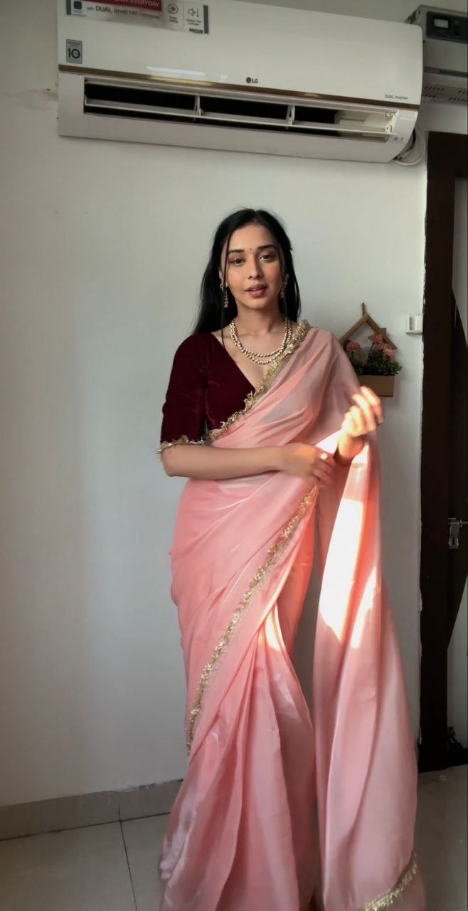 Latest Designer Most Beautiful Peach Color Ready To Wear Saree.